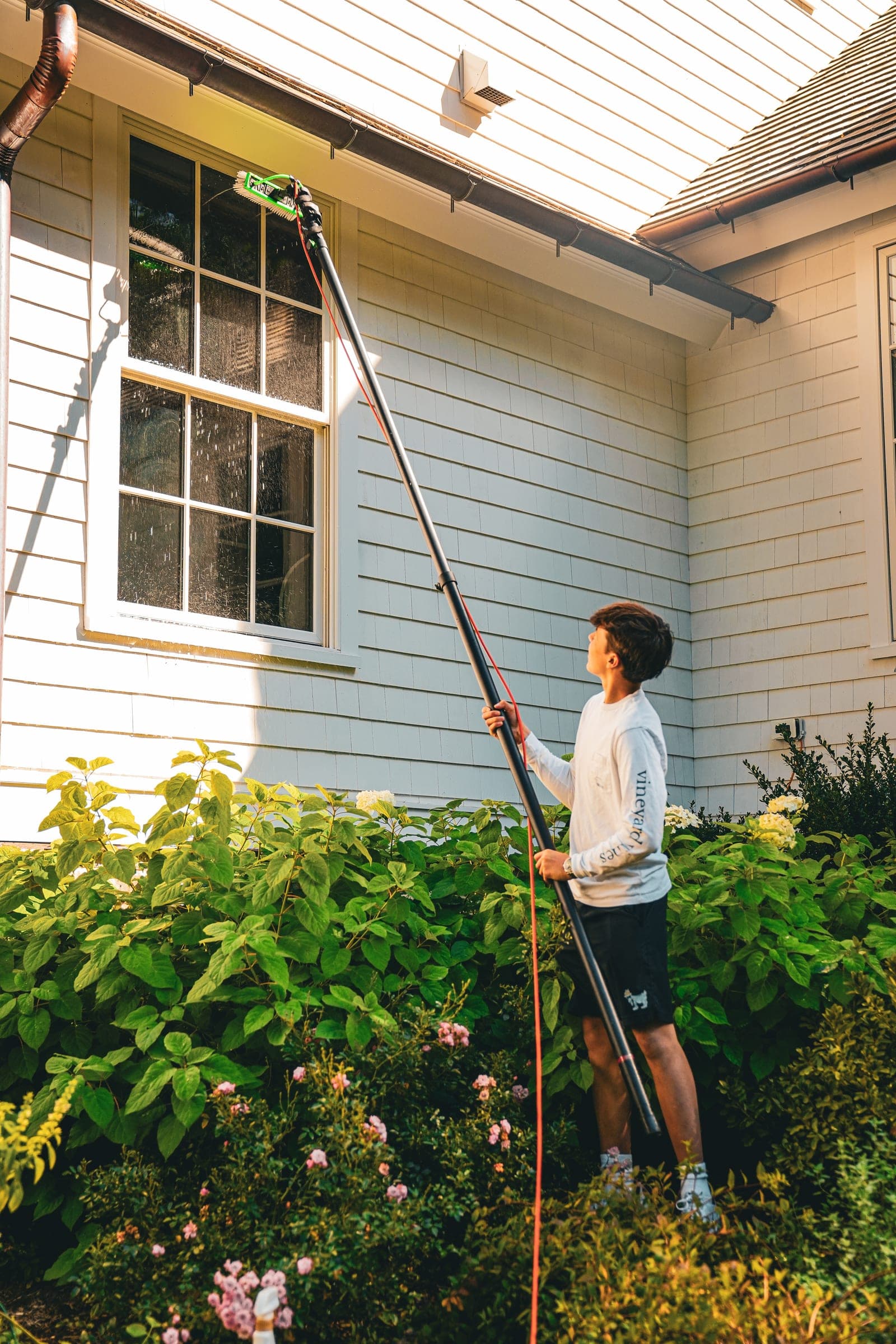 Water-fed pole reaching a second-storey window over a garden
